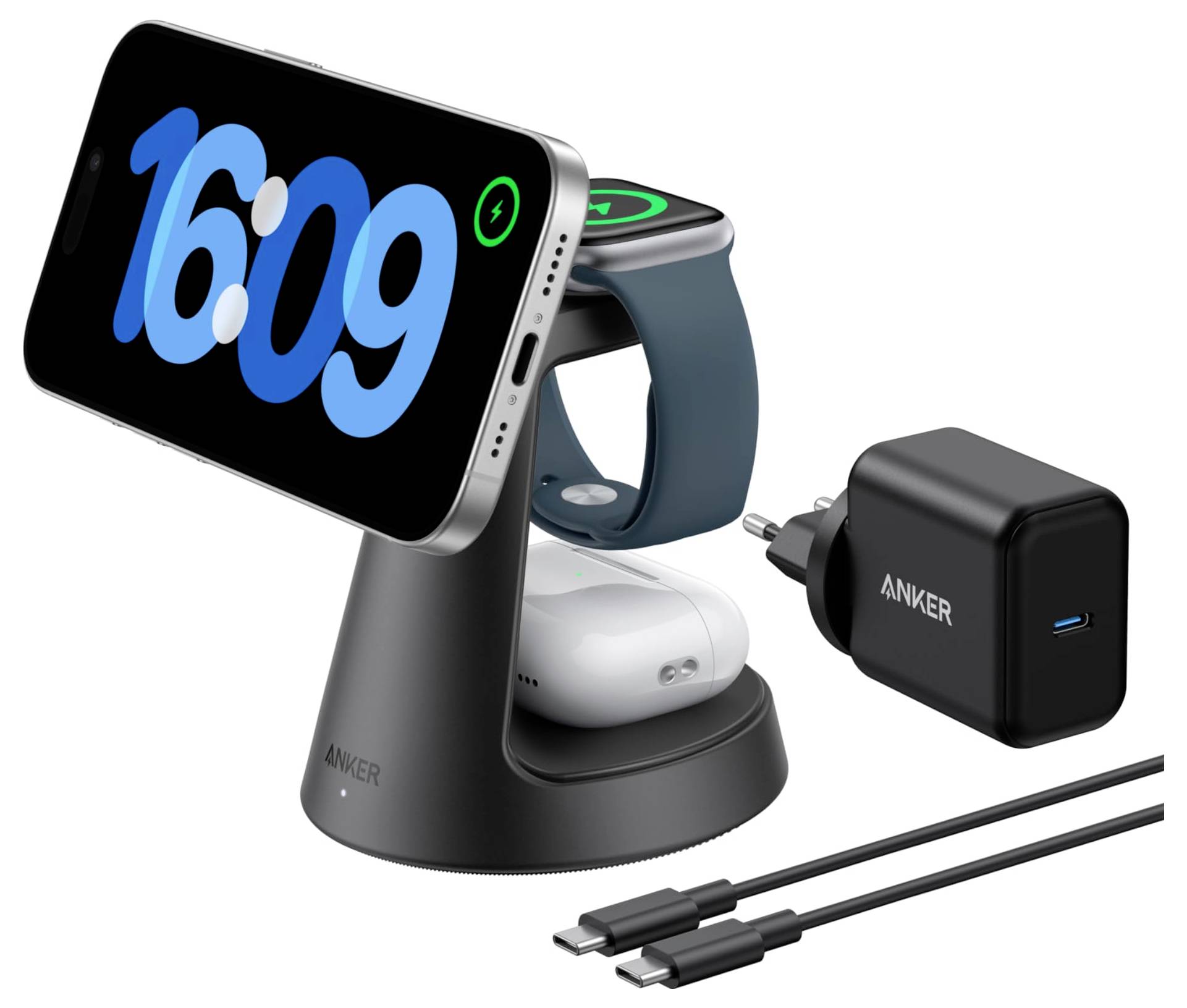 Anker 3-in-1-Ladeständer mit iPhone, Apple Watch, AirPods, Netzteil und USB-C-Kabel; Telefon zeigt 16:09 an.