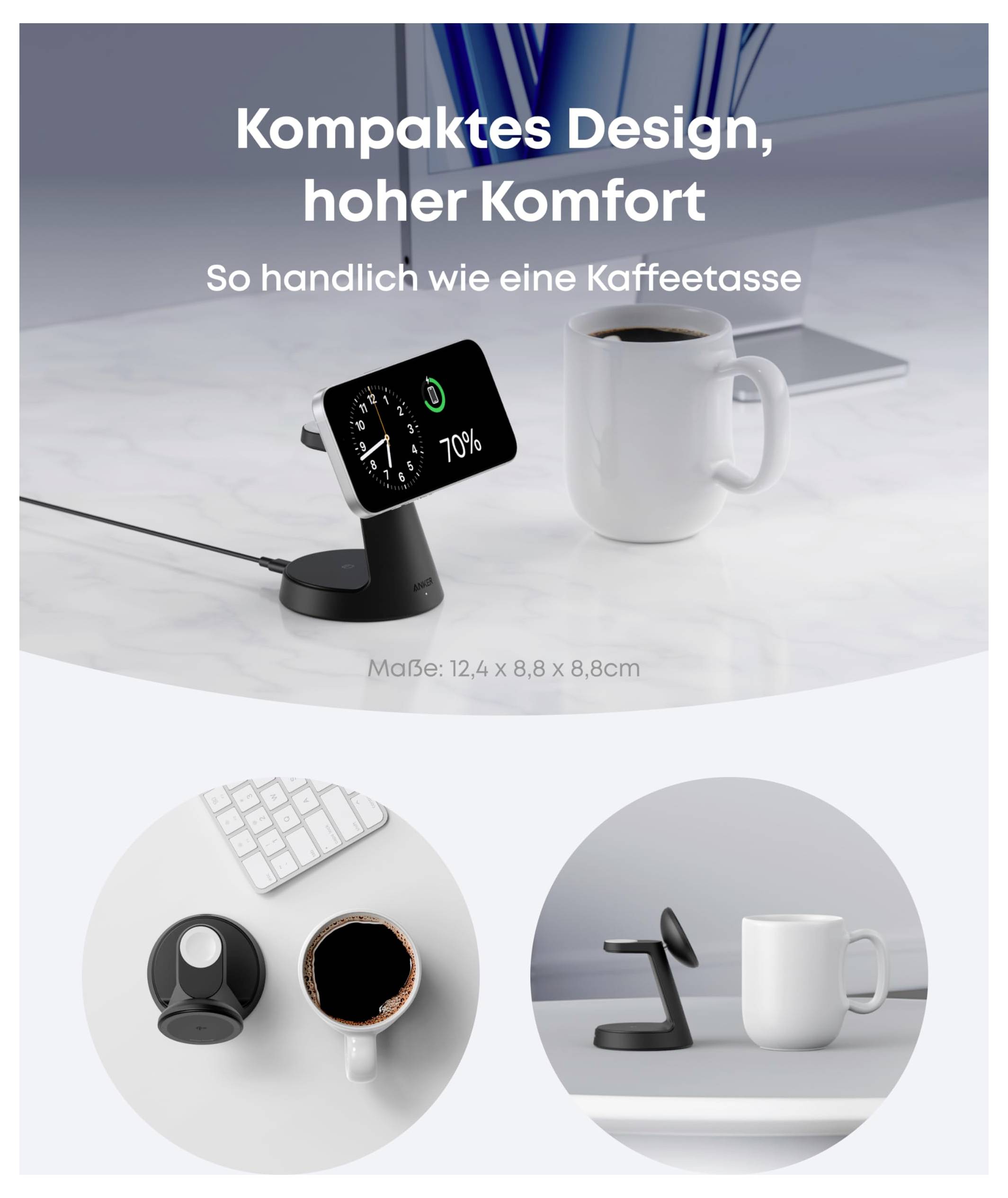 Kompaktes Drahtloses Ladegerät – StänderKompaktes Design, hoher KomfortSo handlich wie eine KaffeetasseAbmessungen: 12,4 x 8,8 x 8,8 cm