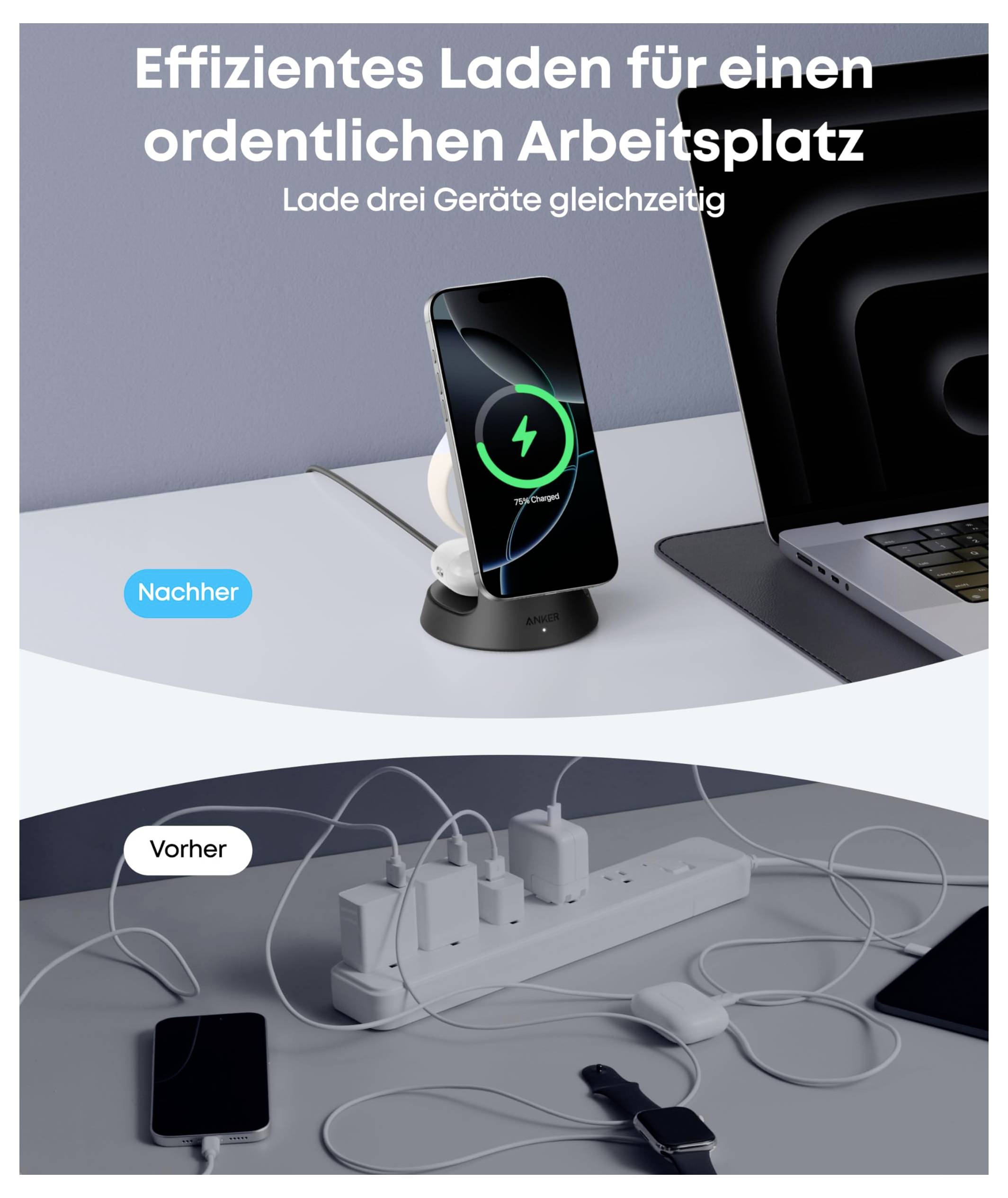Promotional before-and-after image of a multi-device charging dock: neat setup labeled 'Nachher' above a cluttered desk labeled 'Vorher', with German text 'Effizientes Laden für einen ordentlichen Arbeitsplatz' and 'Lade drei Geräte gleichzeitig'.