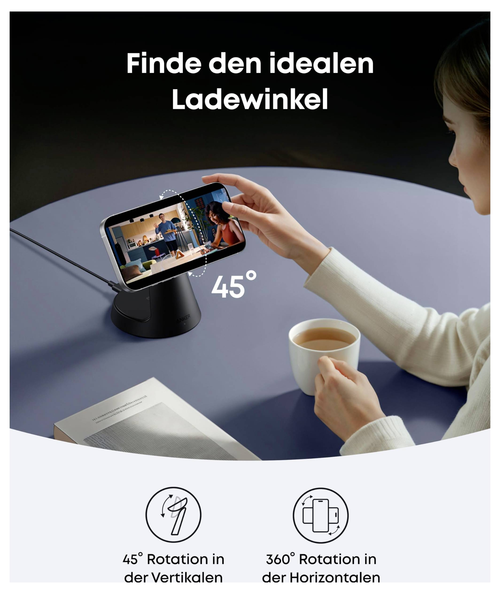 # Werbegrafik mit einem Telefon in einer Halterung, das in einem 45°-Winkel gekippt ist für ideale Betrachtung, mit deutschem Text „Finde den idealen Ladewinkel
