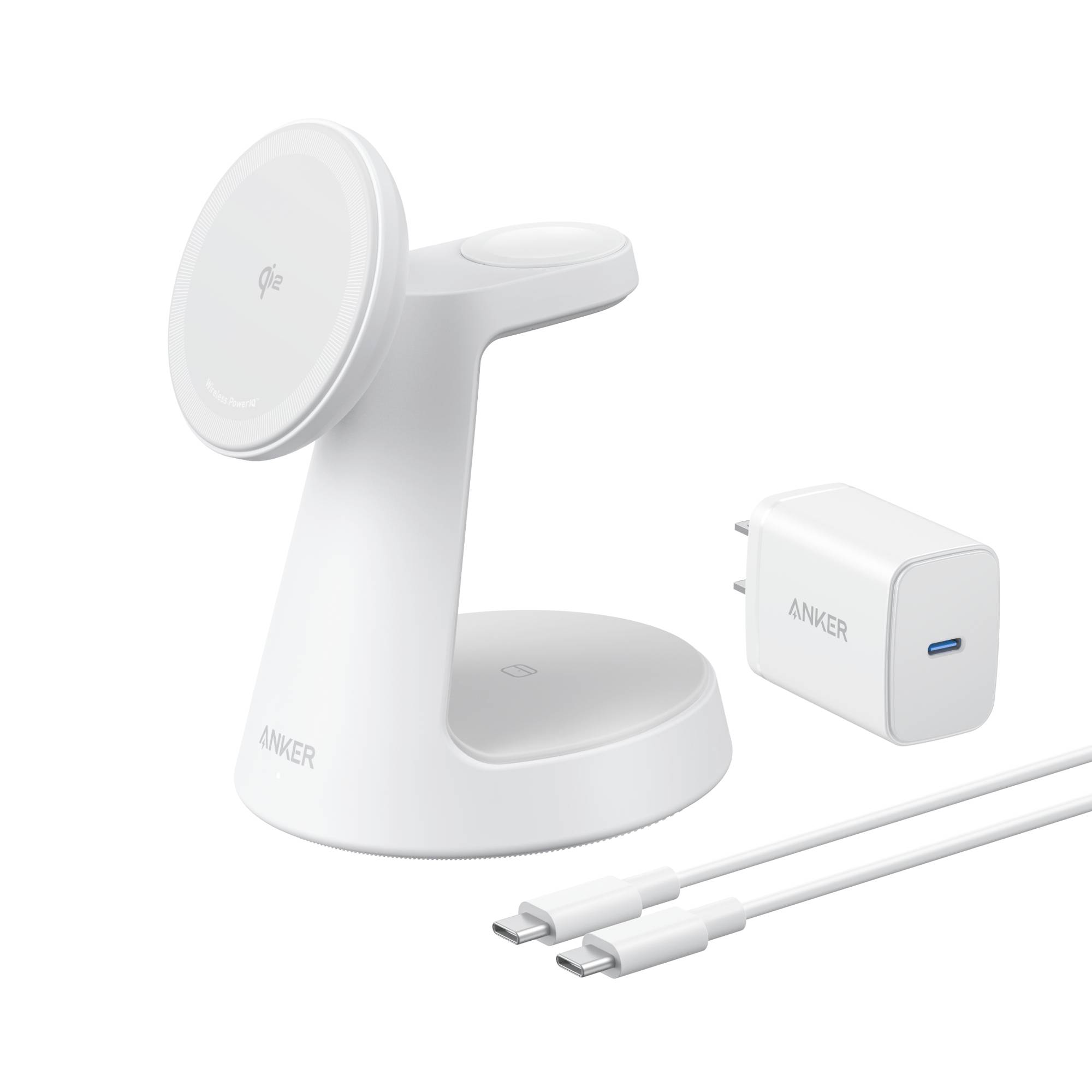 Weißer Anker-Magnetladeständer für kabelloses Laden mit passendem Wandladegerät und USB-C-Kabel auf einfachem Hintergrund.