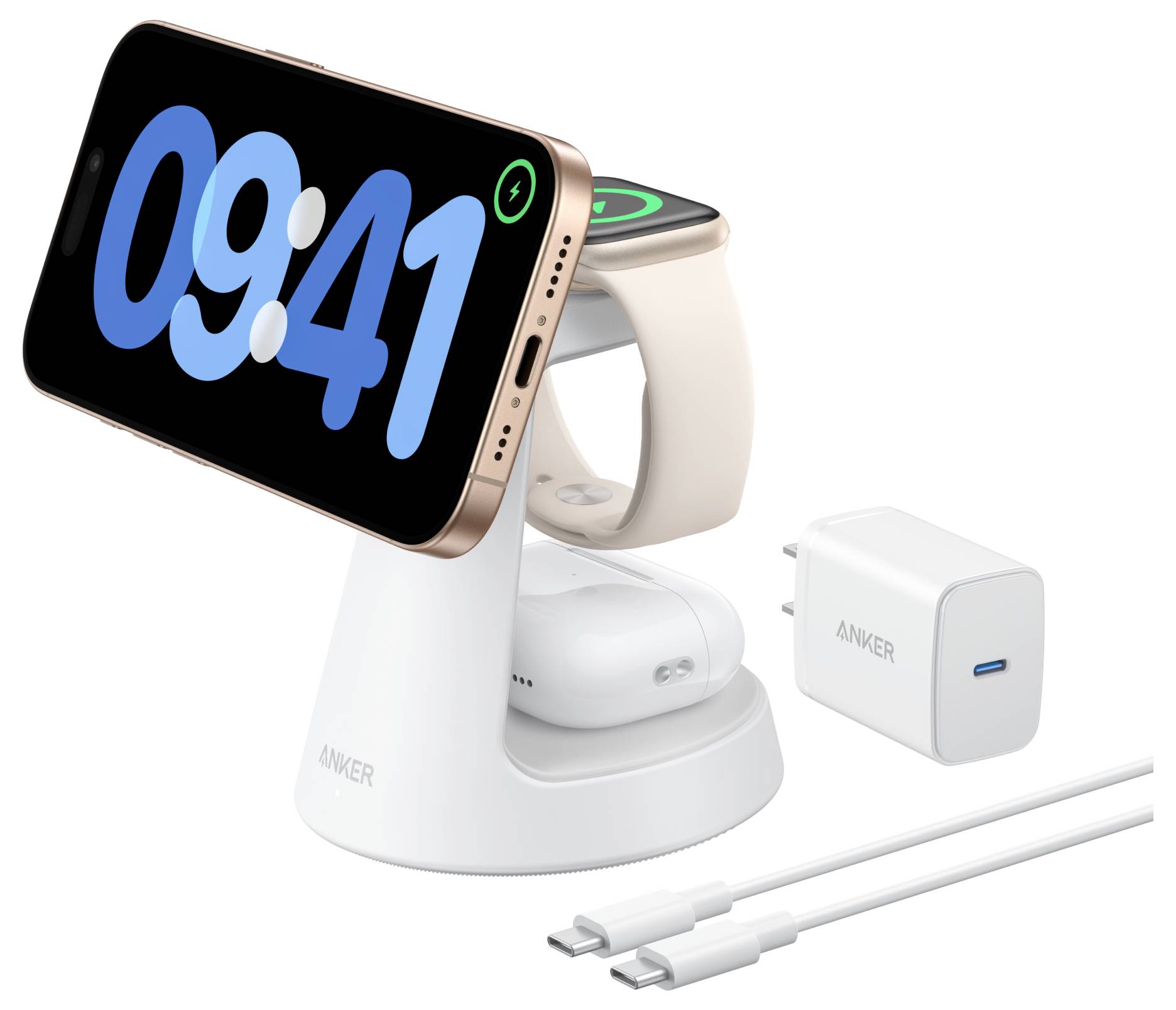Anker kabelloses Ladeständer, das ein iPhone-ähnliches Telefon mit der Anzeige 09:41 hält, mit einer Smartwatch auf dem hinteren Ladegerät, Kopfhörer-Etui, USB-C-Wandadapter und Kabel.