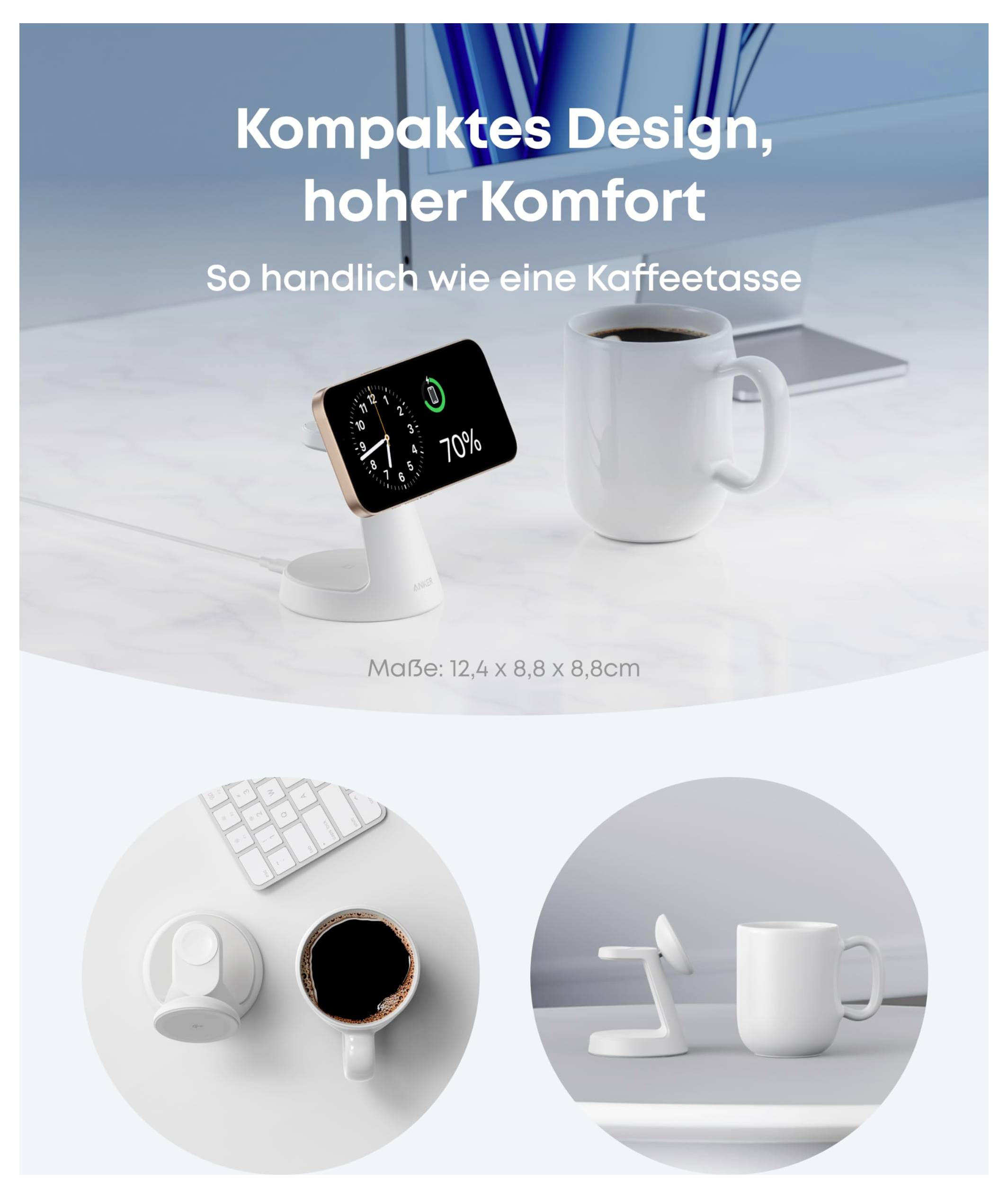 Kompaktes weißes Smart-Gerät mit Display auf einem Ständer neben einer Kaffeetasse; deutscher Text besagt „Kompaktes Design, hoher Komfort