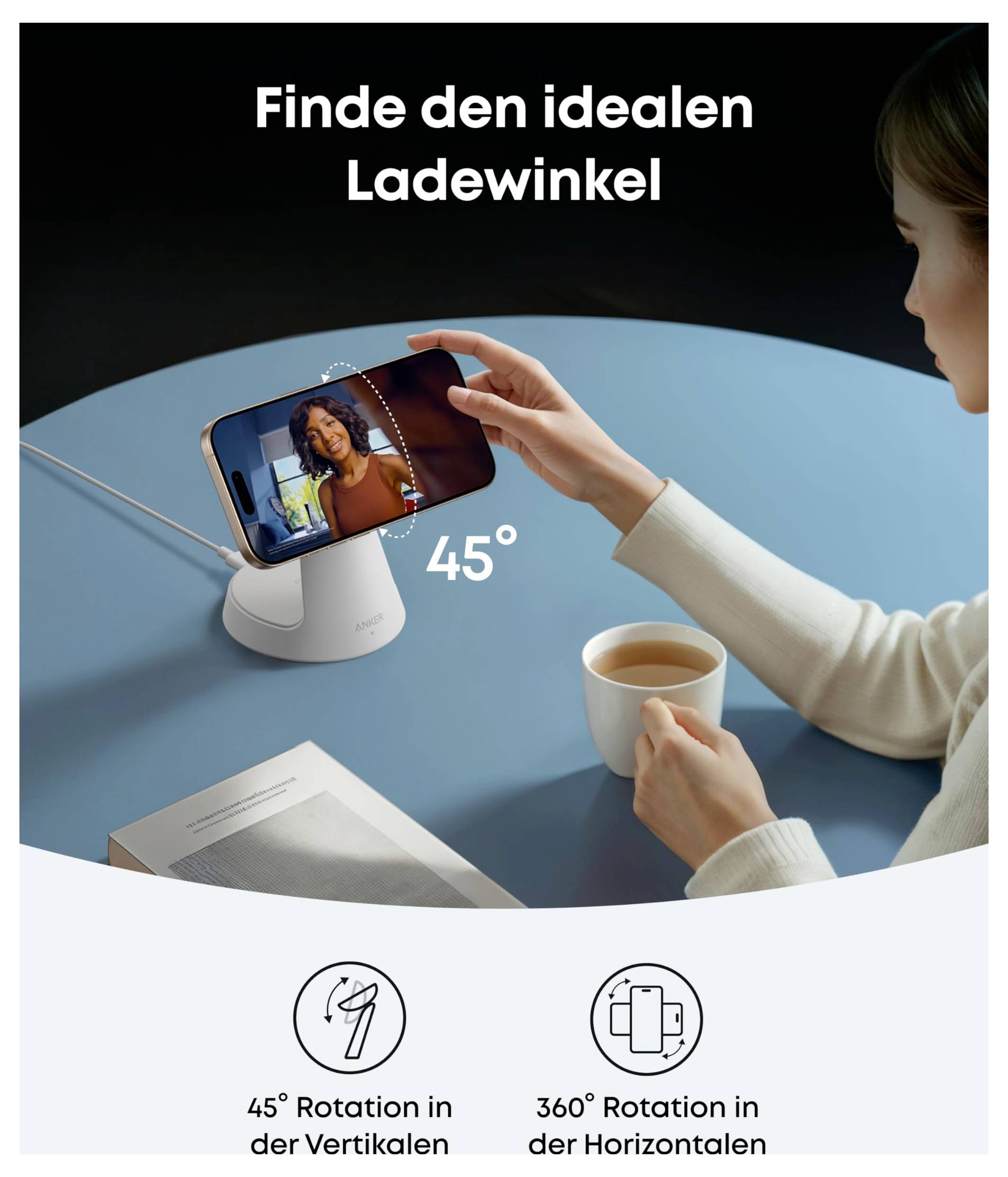 Werbebild eines Telefonständers in Gebrauch, das ein Smartphone im 45-Grad-Winkel zur optimalen Aufladung zeigt und mit 