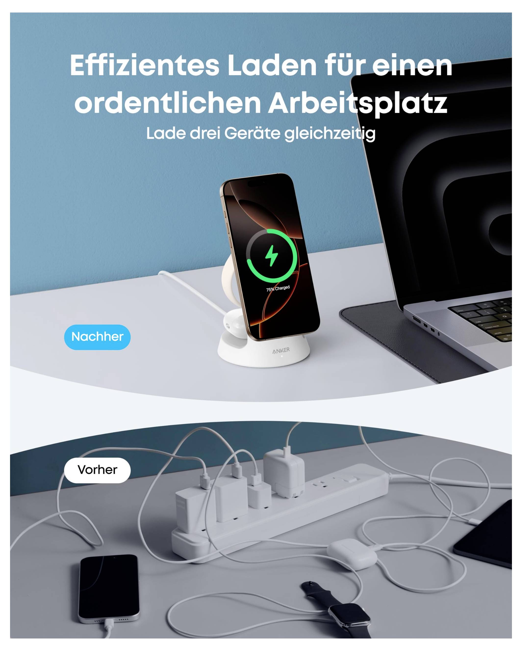 Effizientes Laden für einen ordentlichen ArbeitsplatzLade drei Geräte gleichzeitigVorherNachher