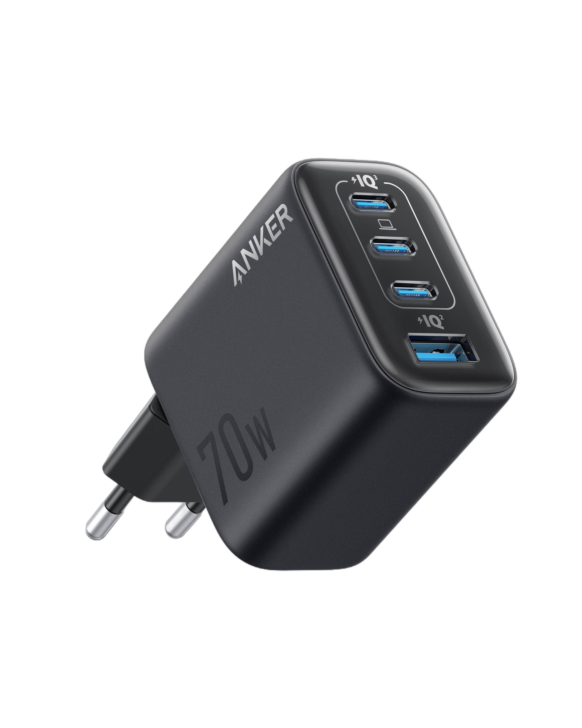 Schwarzes Anker 70W Wandladegerät mit drei USB-C-Anschlüssen und einem USB-A-Anschluss, in schräger Perspektive auf weißem Hintergrund gezeigt.