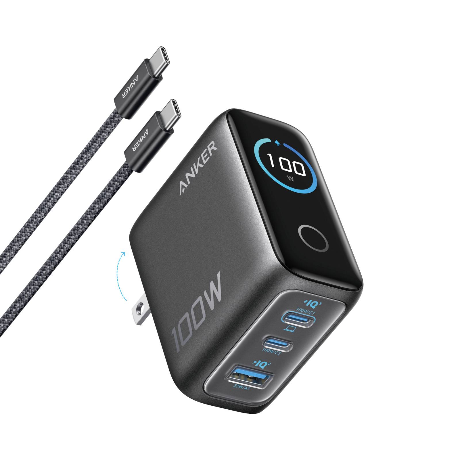 Anker 100W USB-C Wandladegerät mit digitaler Leistungsanzeige, drei USB-Anschlüssen und zwei geflochtenen USB-C-Kabeln auf weißem Hintergrund.