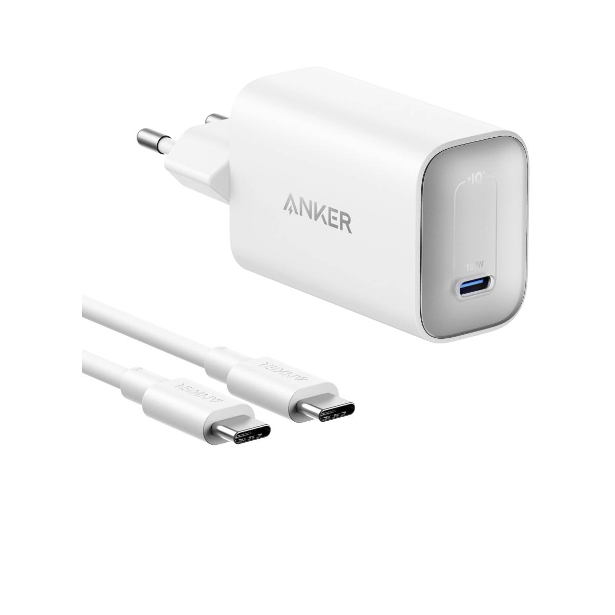 Weißes Anker-Wandladegerät mit europäischem Stecker und USB-C-Anschluss, abgebildet mit zwei weißen USB-C-Kabeln