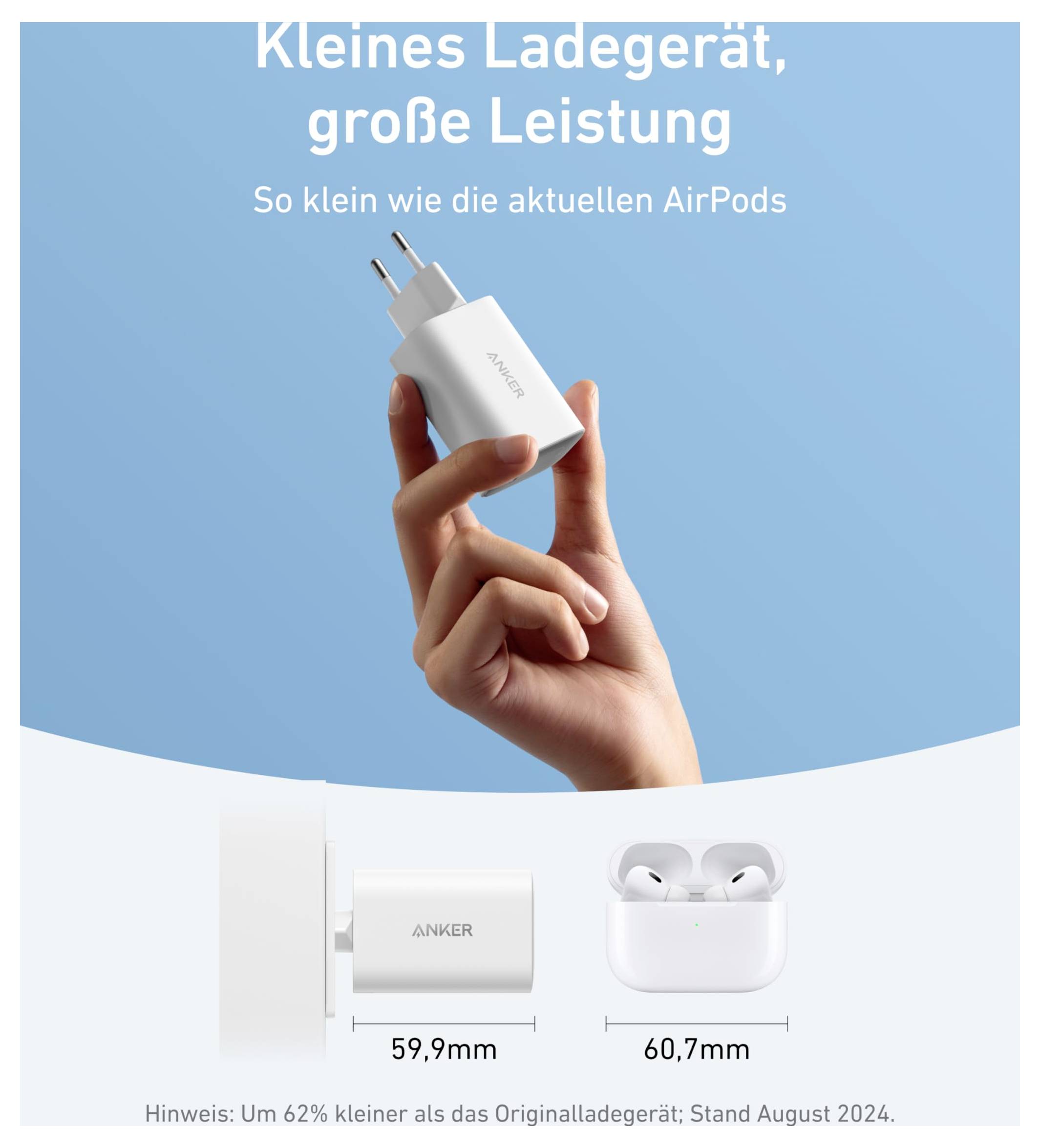 Hand hält ein kompaktes weißes Anker-Ladegerät mit deutschem Text „Kleines Ladegerät, große Leistung