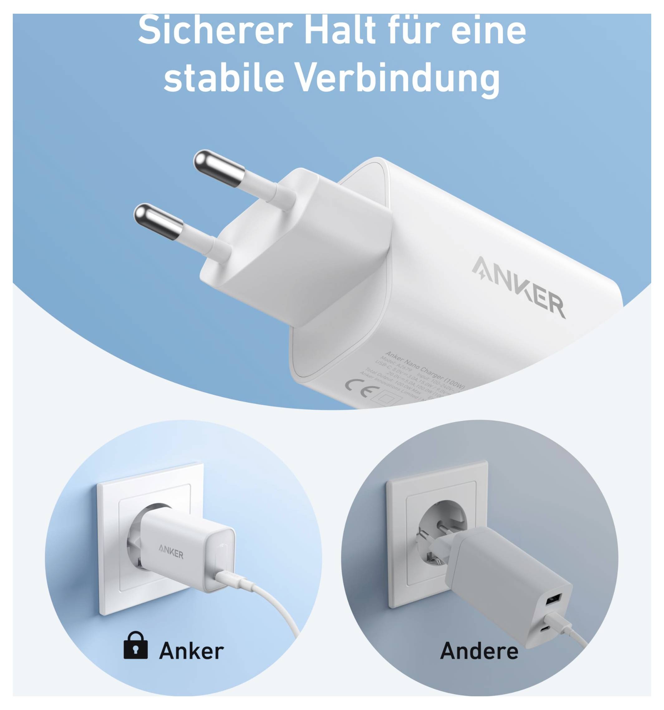 Anker-Wandladegerät mit zwei Stiften, das sicher sitzt; der Vergleich unten zeigt Anker fest in der Steckdose eingesteckt versus ein anderes Ladegerät, das locker aus der Steckdose hängt.