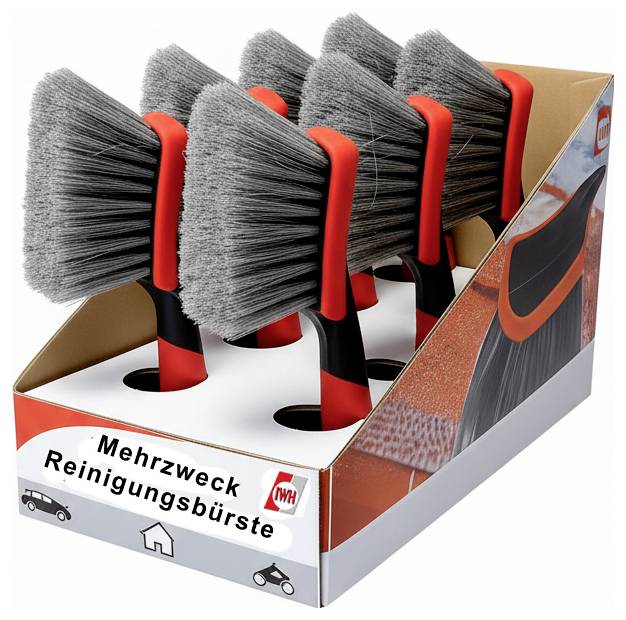 Packung mit vier grauborsteigen rot-schwarzen Mehrzweck-Reinigungsbürsten mit der Aufschrift „Mehrzweck Reinigungsbürste