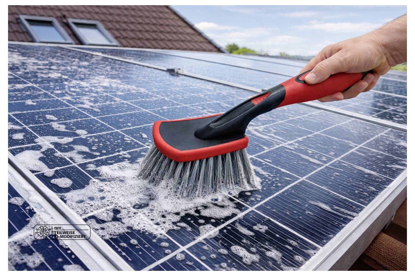 Eine Hand schrubbt ein Dachsolarmodul mit einer Bürste und Seifenwasser, um es zu reinigen.