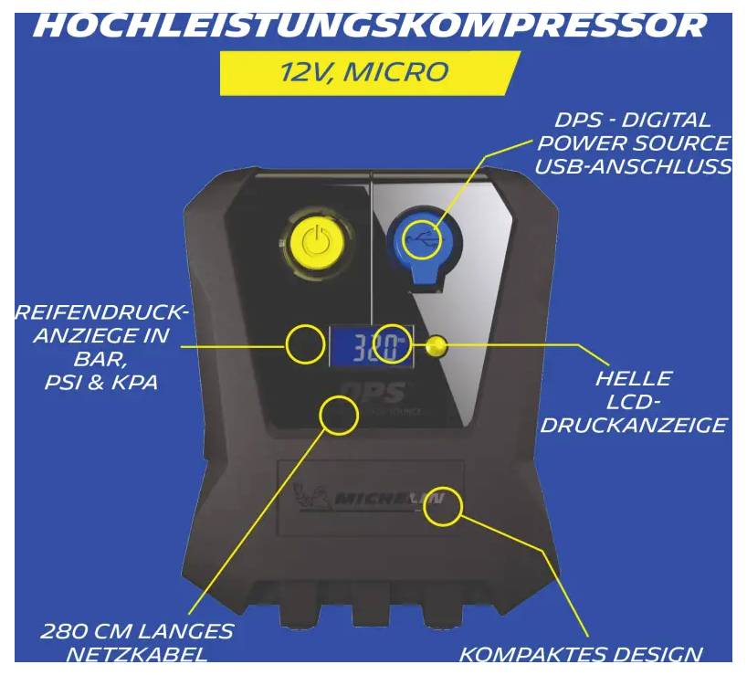 Produktgrafik eines Hochleistungskompressors '12V, MICRO' mit markierten Funktionen: digitales Display, USB-Anschluss, LCD-Druckanzeige, 280-cm-Netzkabel und kompaktes Design.