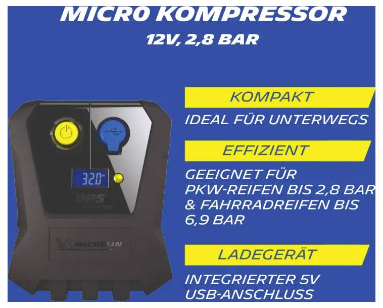 Werbeplakat für einen 'Micro Kompressor' 12V, 2,8 BAR mit Abbildung des Geräts und Eigenschaften: kompakt, effizient, Ladegerät mit integriertem 5V-USB-Anschluss.