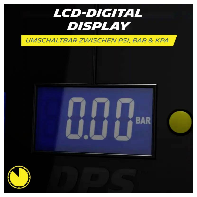 LCD-Digitalanzeige eines DPS-Geräts mit 0,00 BAR; Hinweis: umschaltbar zwischen PSI, BAR und KPA.