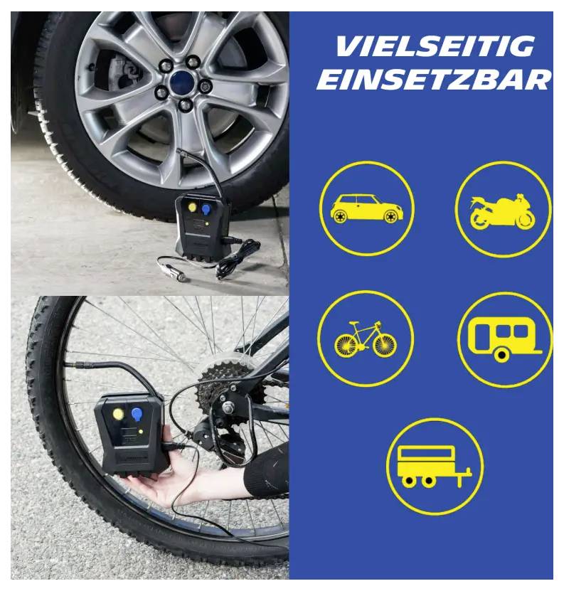 Werbegrafik eines tragbaren Reifenkompressors am Auto- und Fahrradreifen; Text 'VIELSEITIG EINSETZBAR' und Symbole für Auto, Motorrad, Fahrrad, Wohnwagen und Anhänger.