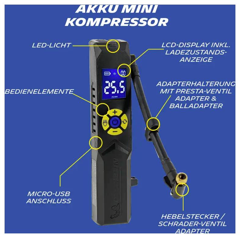 Akku-Minikompressor mit LCD-Ladeanzeige, LED-Licht, Bedienfeldern, Micro-USB-Anschluss und Adapterhalterung für Presta- und Ballventil.
