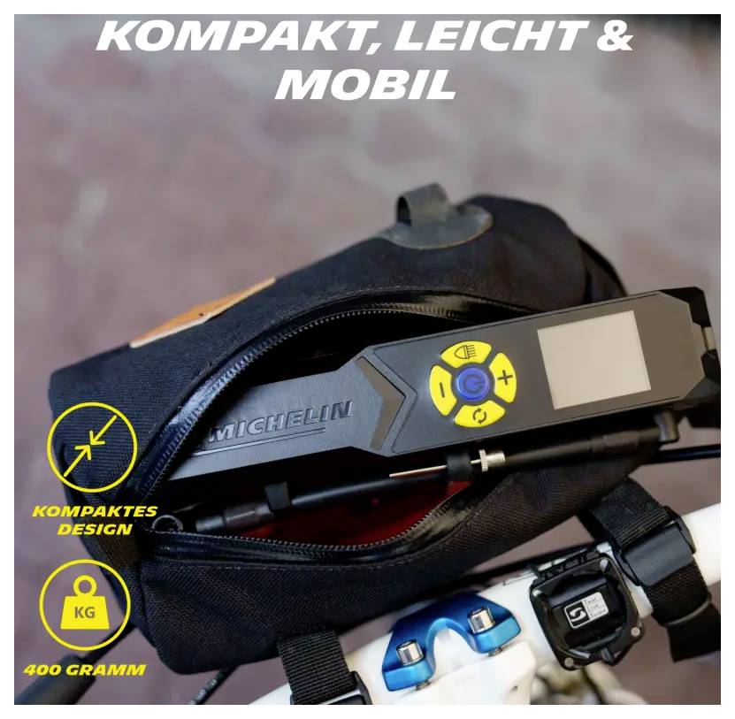 Tragbares MICHELIN-Gerät in einer Tasche mit Text 'KOMPAKT, LEICHT & MOBIL' sowie Hinweisen 'KOMPAKTES DESIGN' und '400 GRAMM'.