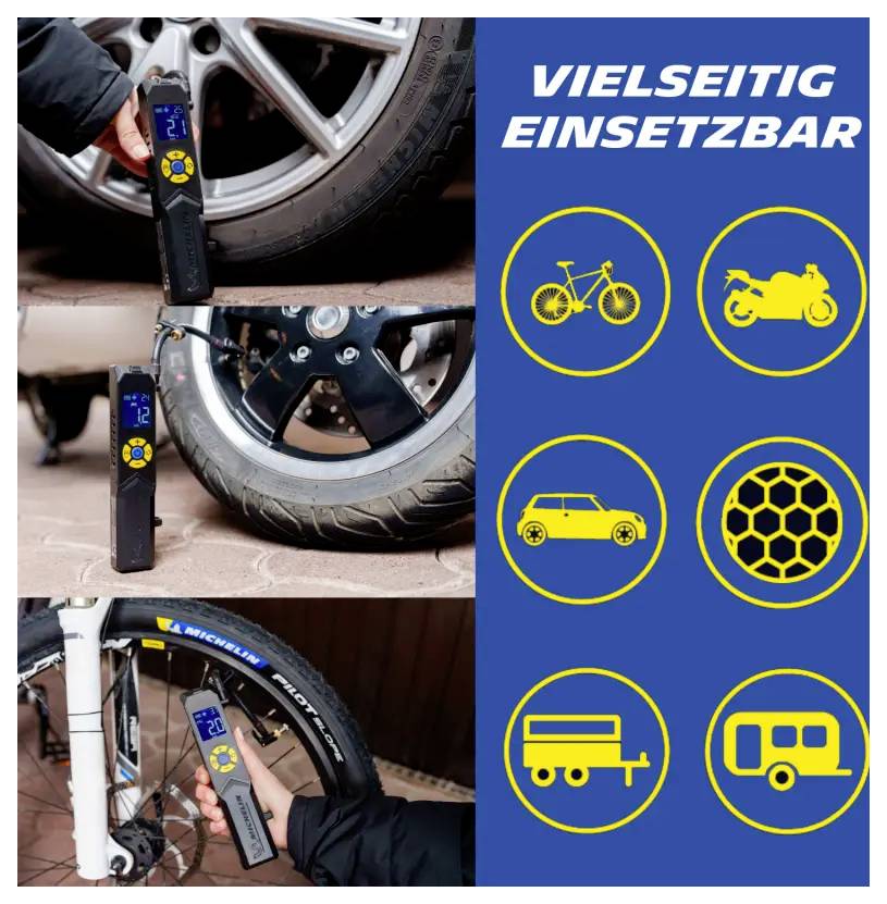 Mikroverzorrung der Anwendung: Handgerät am Reifen; rechts 'VIELSEITIG EINSETZBAR' mit Symbolen für Fahrrad, Motorrad, Auto, Ball und Anhänger/ Wohnwagen.
