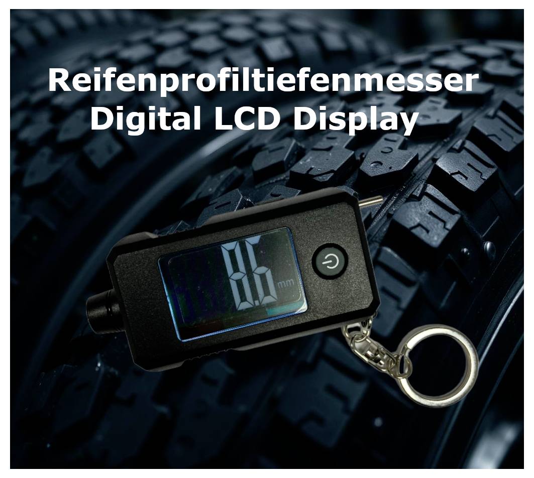 Digitales Reifenprofiltiefenmesser mit LCD-Anzeige auf einem Autoreifen; misst die Profiltiefe, im Bild mit der Aufschrift 'Reifenprofiltiefenmesser Digital LCD Display'.
