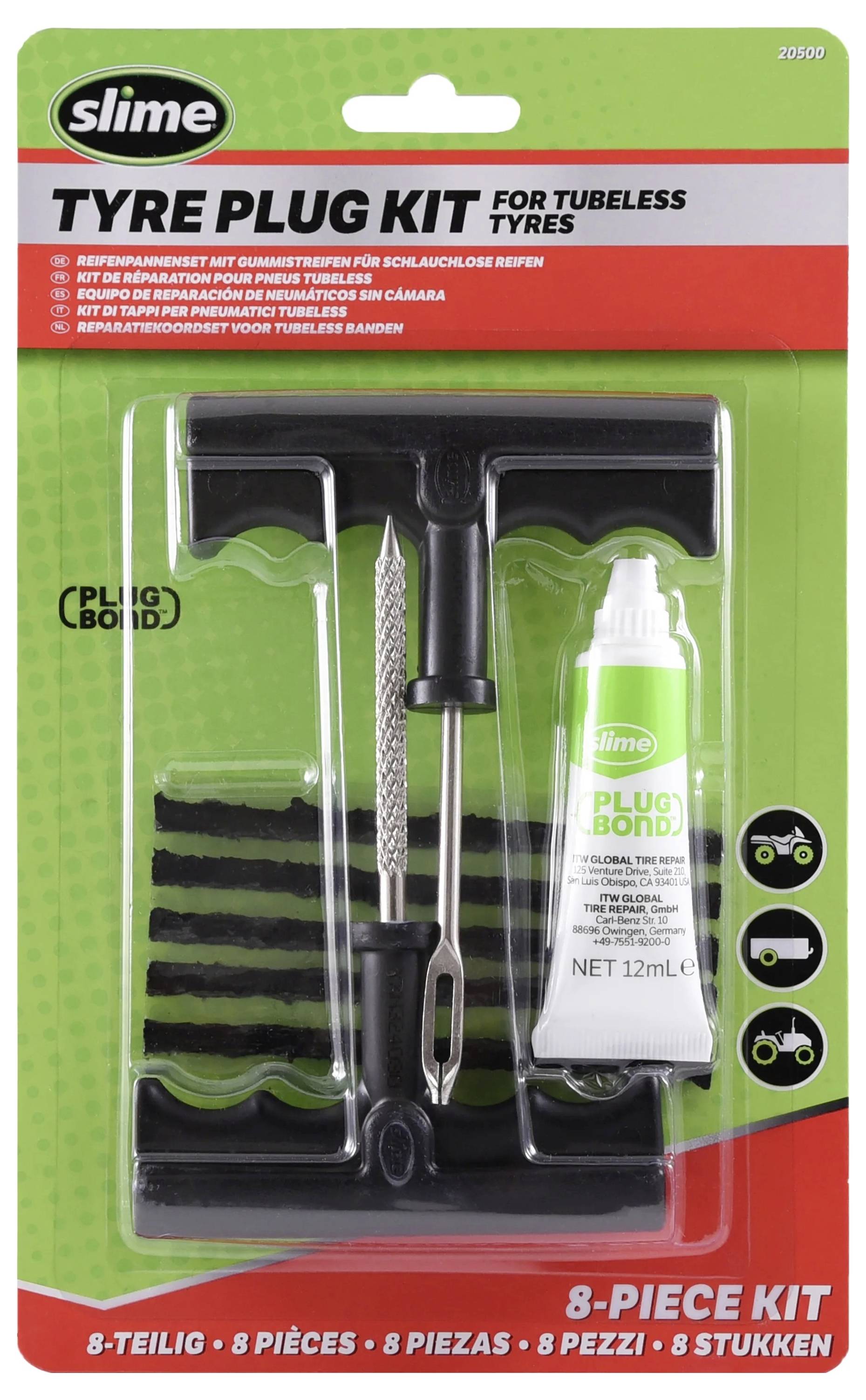 Slime Tubeless-Reifenflickkits-Paket mit 8-teiligem Reparaturwerkzeugsatz, einschließlich Flicken, Einsatzwerkzeug, Reibahle und Dichtmitteltube.