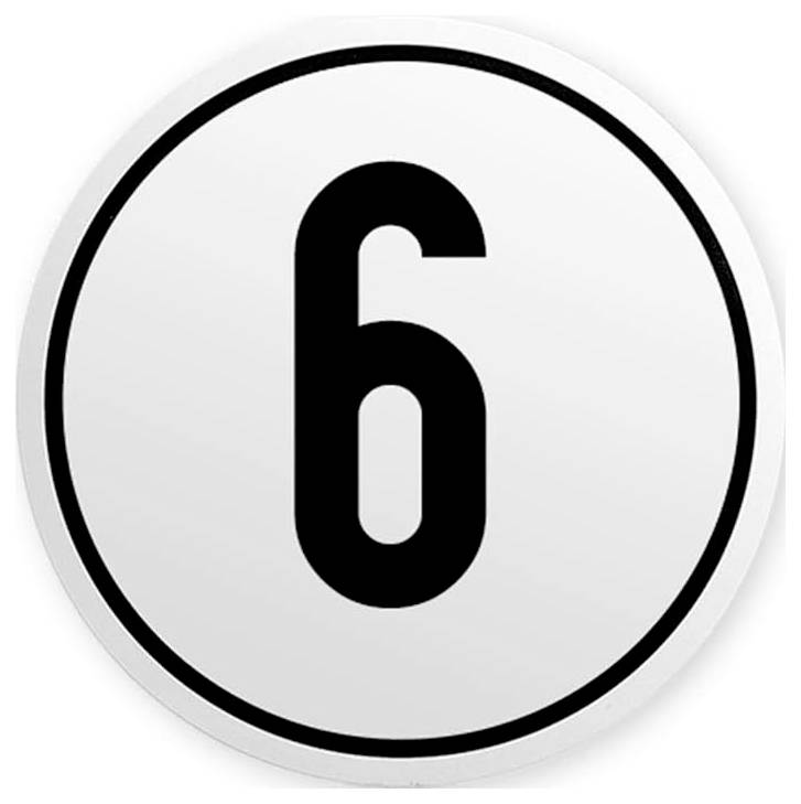 Weißes kreisförmiges Schild mit einer fetten schwarzen Ziffer 6 in der Mitte, eingefasst von einem schwarzen Ring.