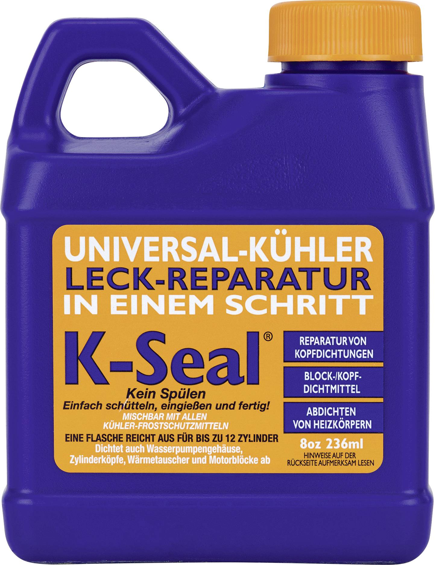 Blaue K-Seal Kühlmittelleck-Reparaturflasche mit orangefarbigem Verschluss und deutscher Etikettierung zur einstufigen Behebung von Kühleravglecks.