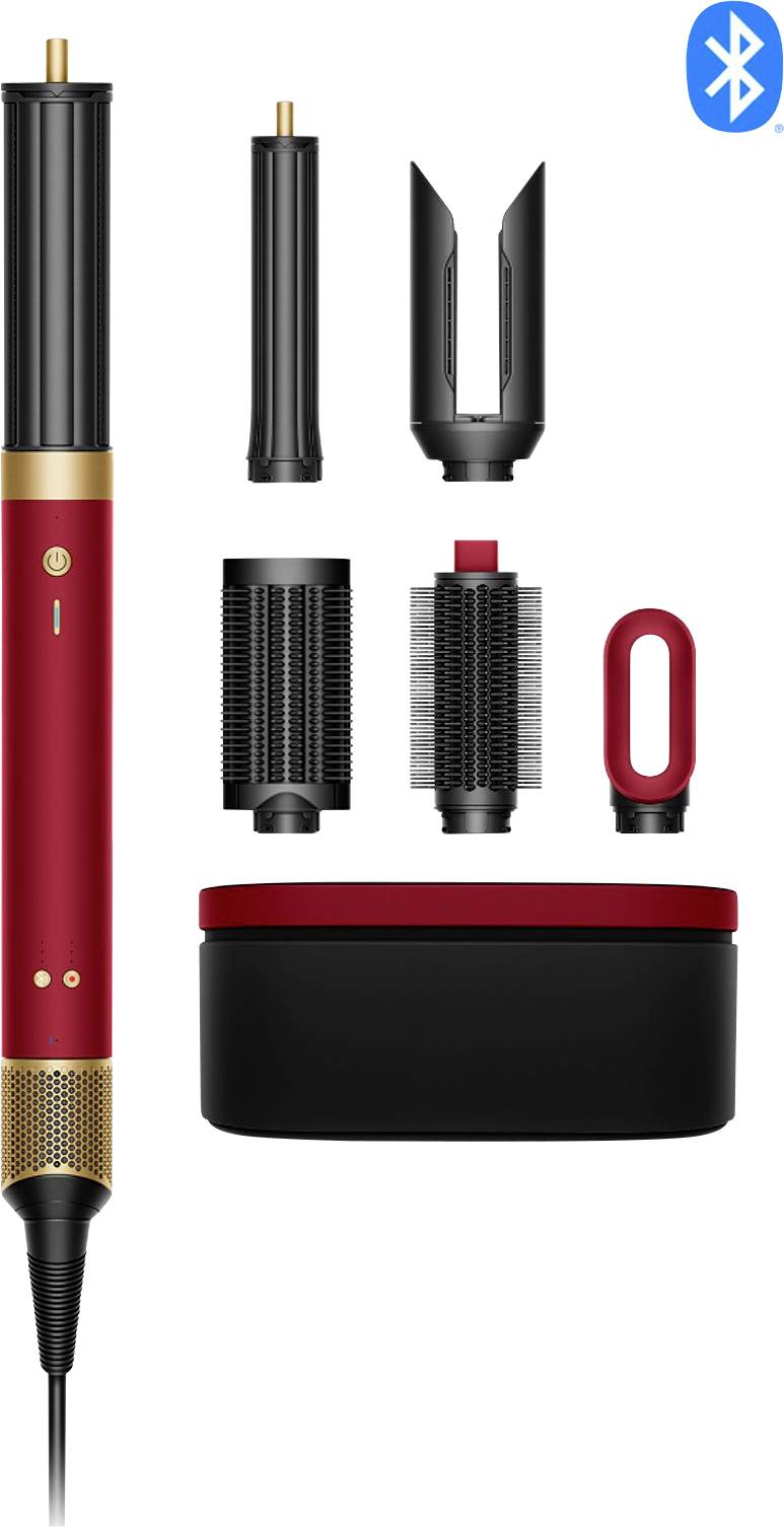 Ein rot-schwarzes Multi-Styling-Haarstyler-Gerät mit austauschbaren Aufsätzen, einschließlich einer Glättungsbürste, Lockenstäben und einem Trockner-Etui, plus Bluetooth-Symbol.