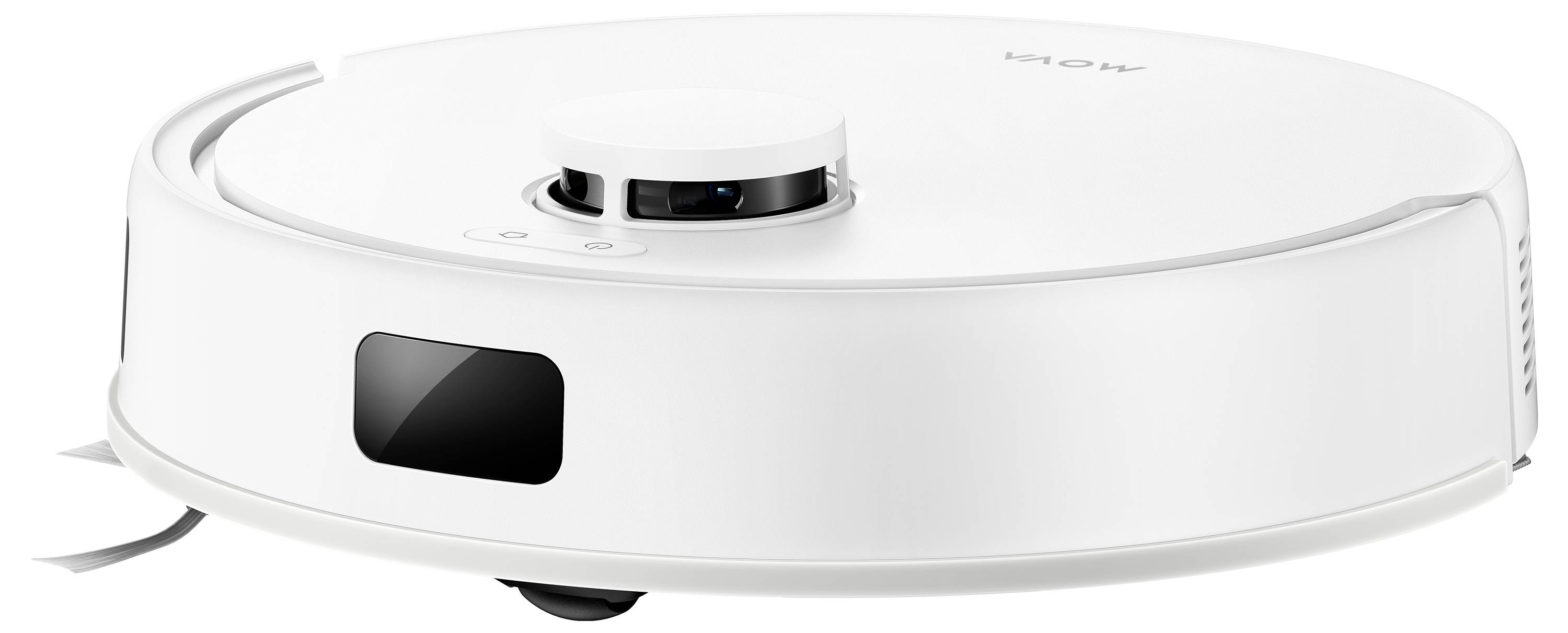 Weißer Staubsaugerroboter mit angehobenem Lidar-Sensor auf der Oberseite und einer Frontkamera, dargestellt auf weißem Hintergrund.