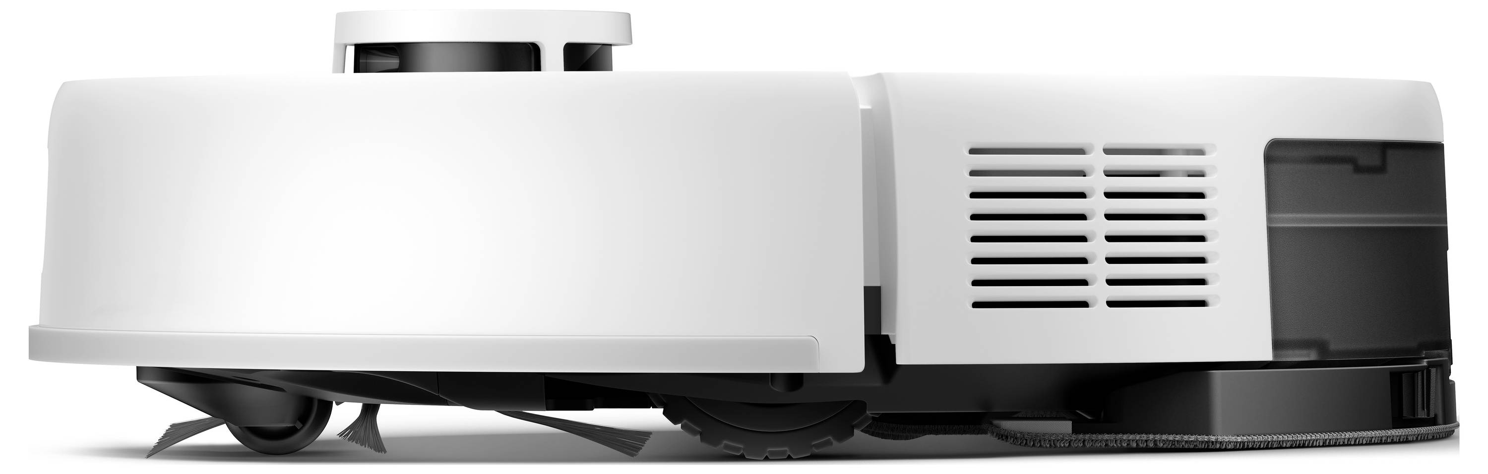 Seitenansicht eines weißen Staubsaugerroboters mit schwarzen Rädern, die seinen flachen Körper und das vordere Sensormodul zeigt.