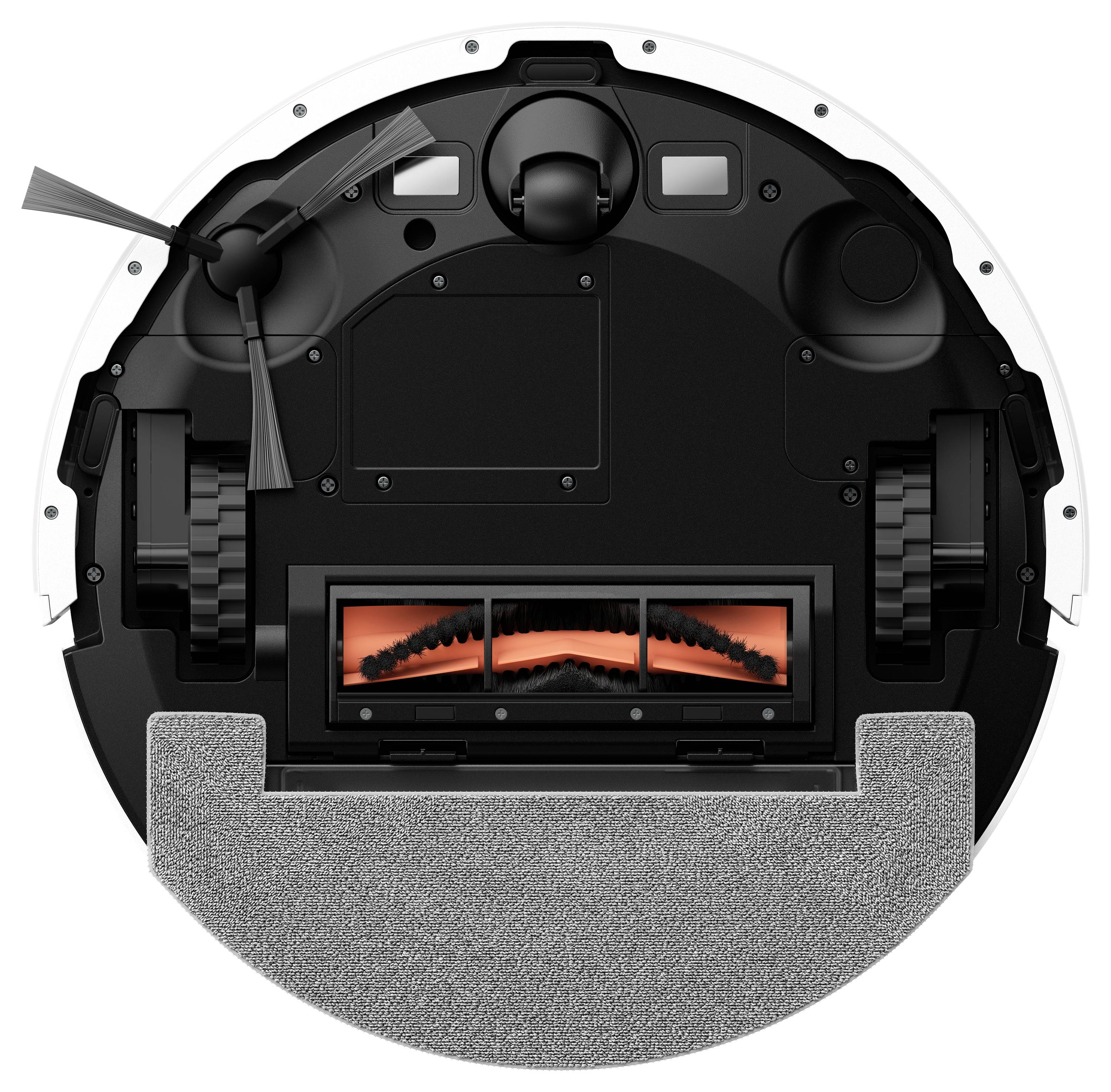 Unterseite des runden Roboterstaubsaugers mit zentraler Bürste, Seitenbürsten, Rädern und Staubbehälter
