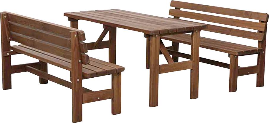 Zwei Holzbänke mit einem passenden rechteckigen Tisch, dargestellt als Terassen- oder Picknickgarnitur auf weißem Hintergrund.