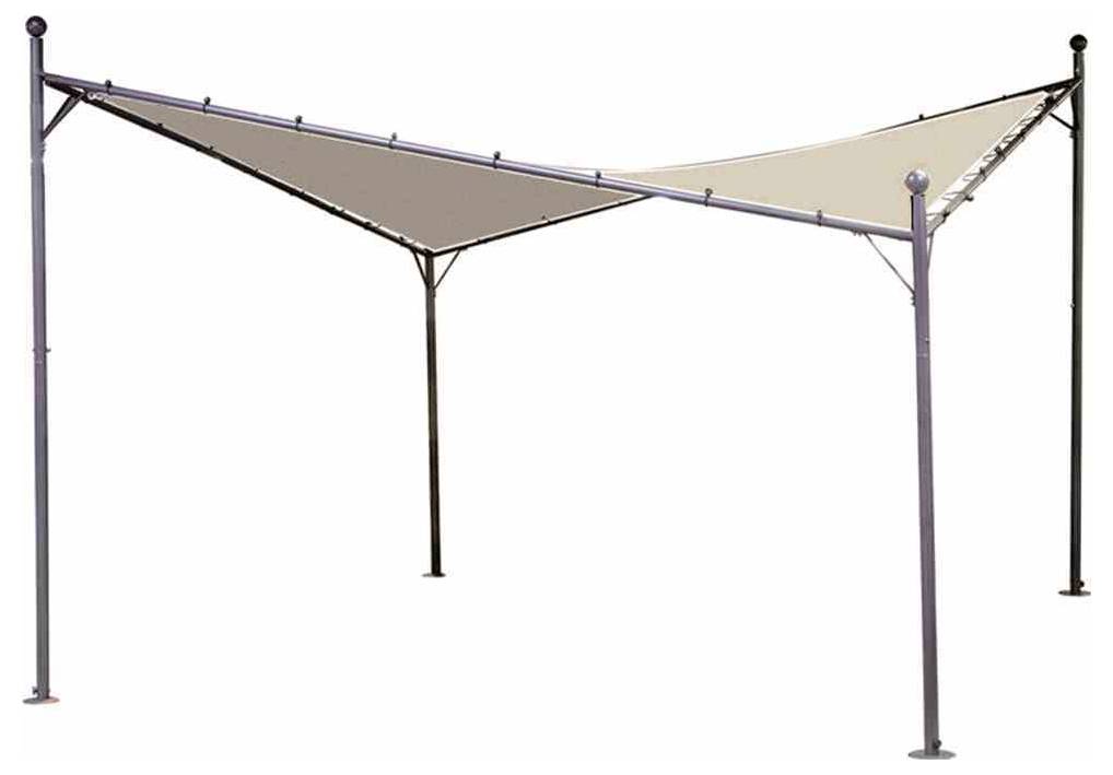 Outdoor-Sonnensegel mit vier Metallpfosten und zwei dreieckigen Stoffsegeln, die über ein Gestell gespannt sind.