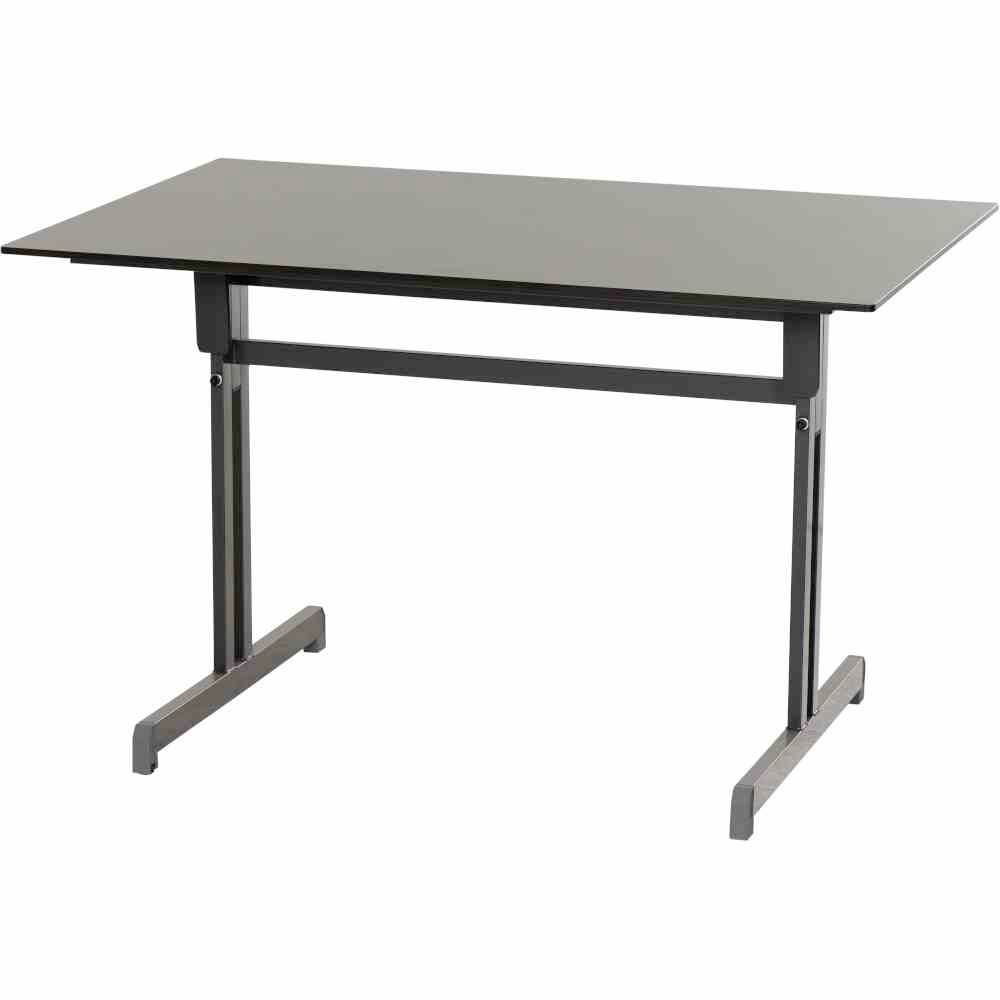 Rechteckiger schwarz-grauer Klapptisch mit Metallbeinen auf weißem Hintergrund.