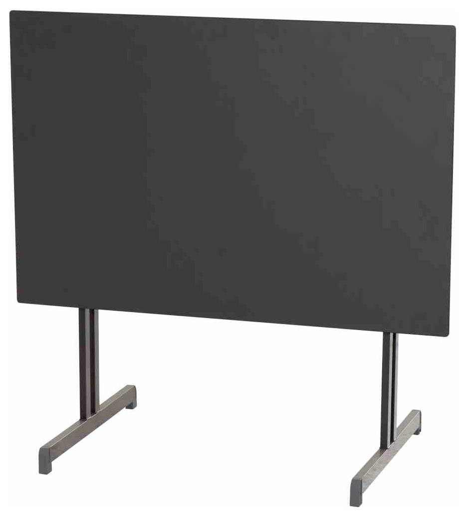Dunkles rechteckiges Anzeigedisplay auf zwei Metallbeinen, wie ein freistehendes Schild oder eine Sichtschutzwand, vor weißem Hintergrund dargestellt.