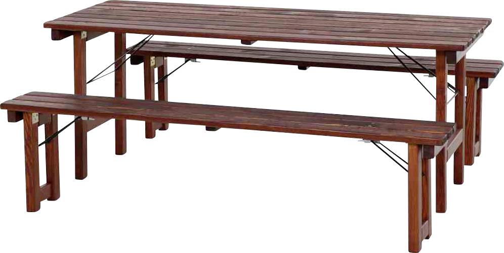 Holztisch für Picknick mit angebrachten Bänken, dargestellt isoliert auf weißem Hintergrund.