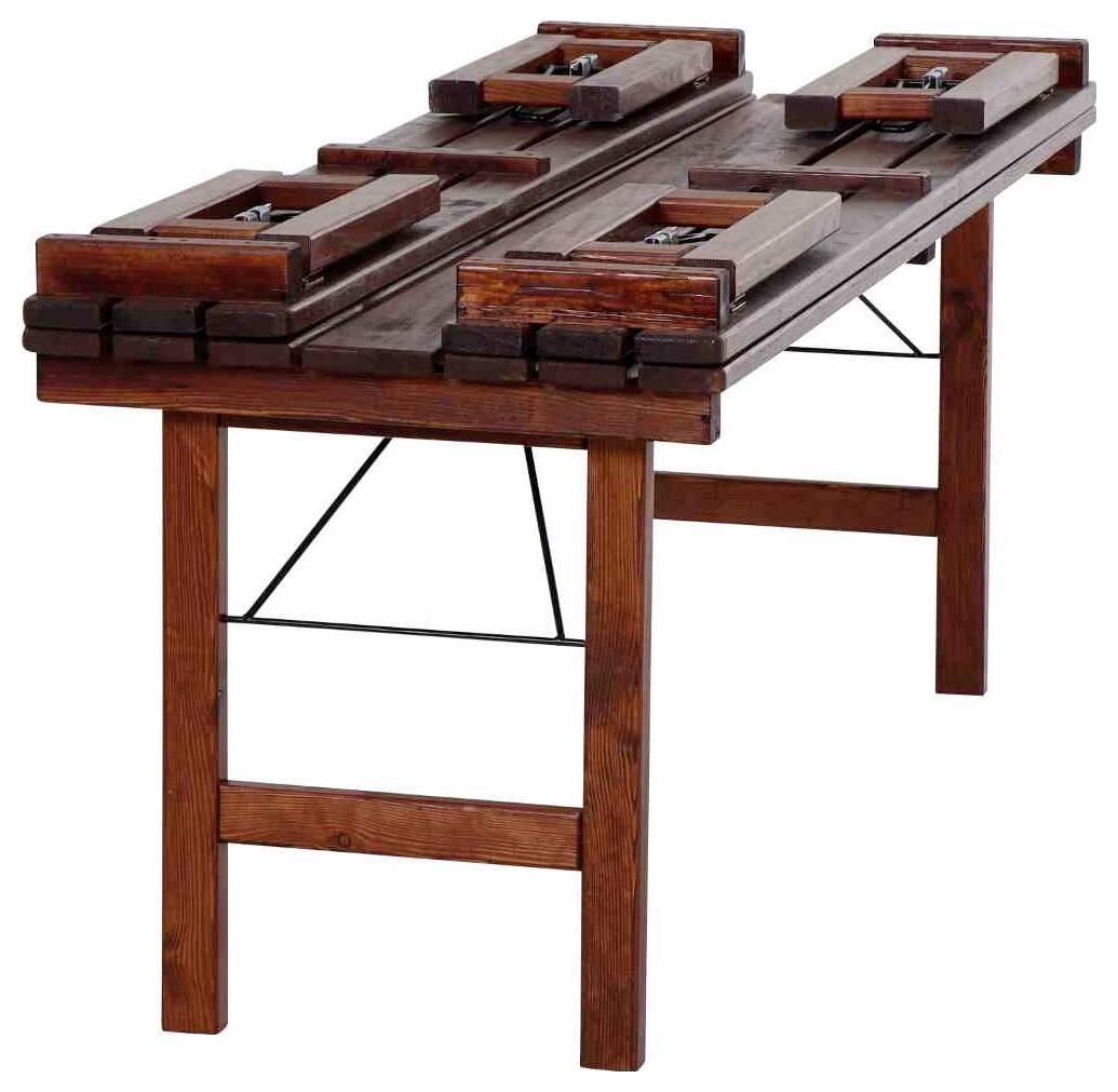 Holztisch zum Zusammenklappen mit zwei Tischplatten und verstellbaren Stützen, dargestellt auf weißem Hintergrund.