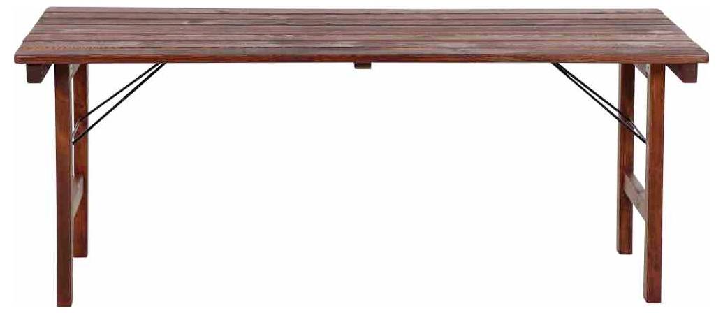 Rechteckiger Holz-Klapptisch für Bankette mit Metallstützbügeln, dargestellt auf weißem Hintergrund.