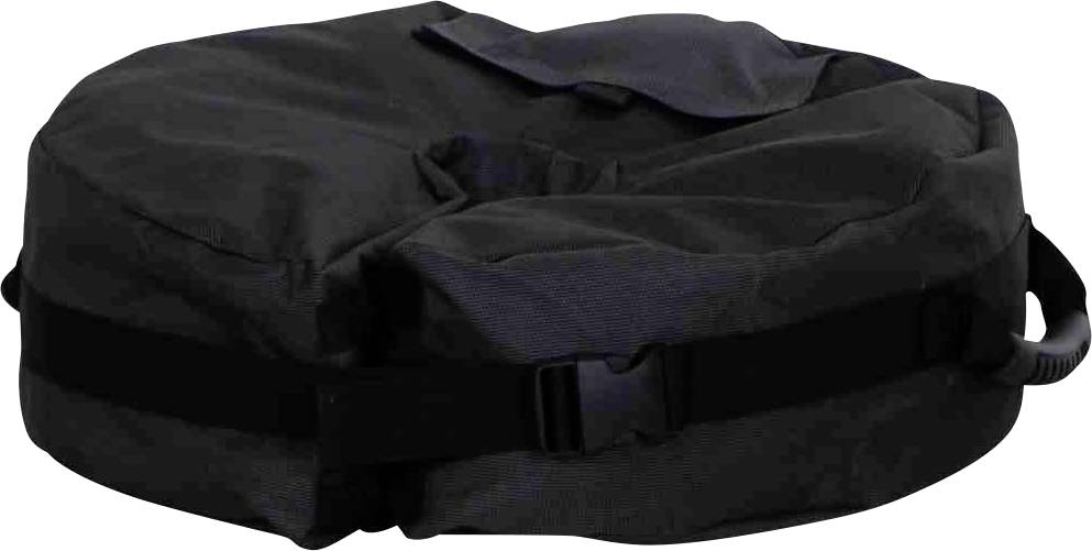 Schwarze runde Transporttasche oder Rucksack mit Griff und vorderem Riemen, geschlossen auf weißem Hintergrund gezeigt.