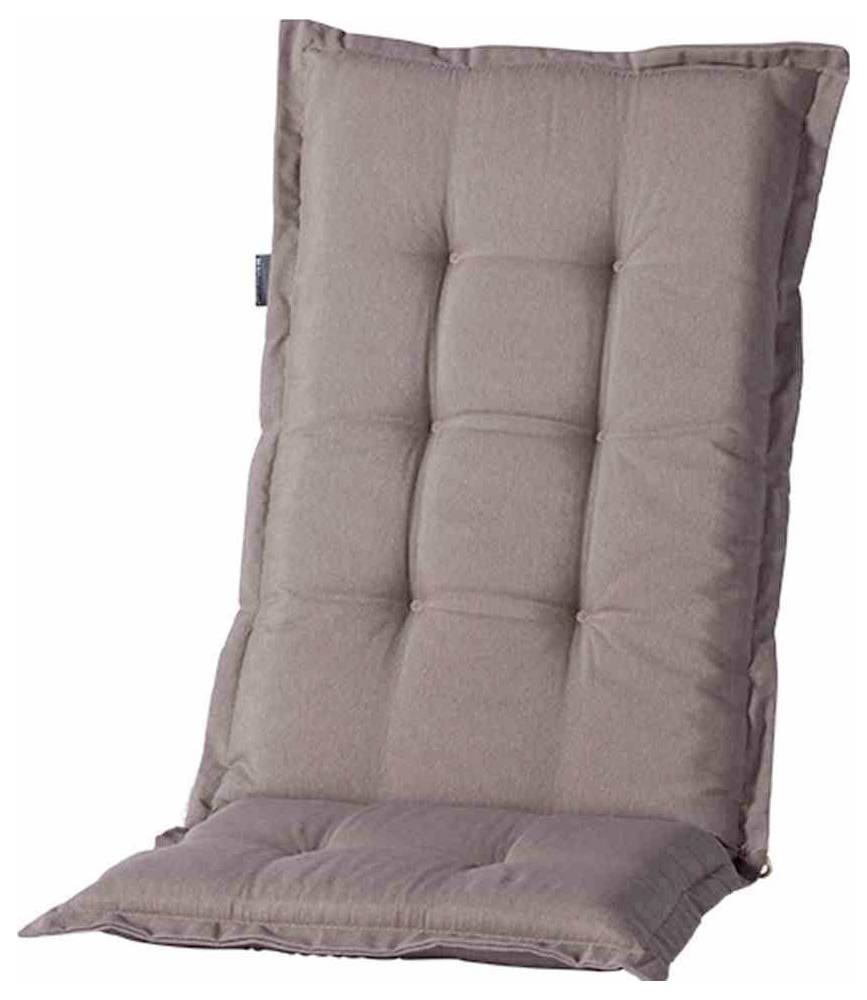 Gepolstertes Sitzkissen in Taupe mit gestepptem Rücken und Sitz, dargestellt auf weißem Hintergrund.