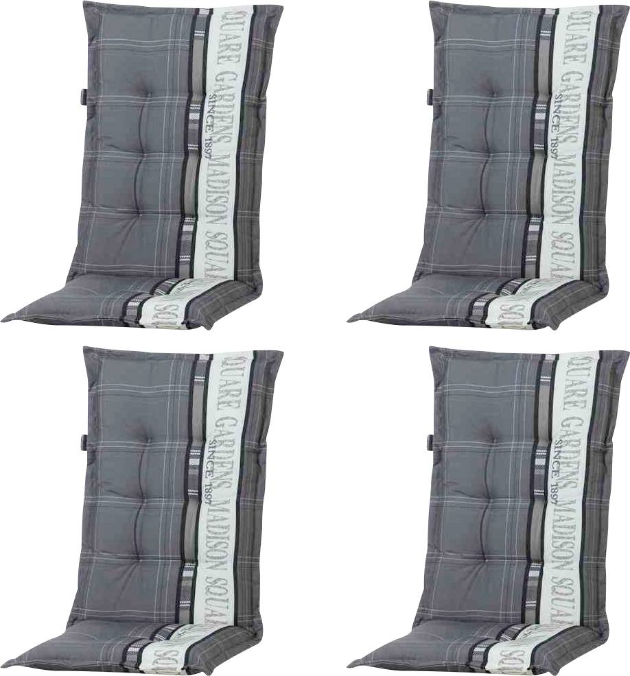 Vier identische graukarierte Outdoor-Sitzkissen mit gestreiftem Rand und Text 