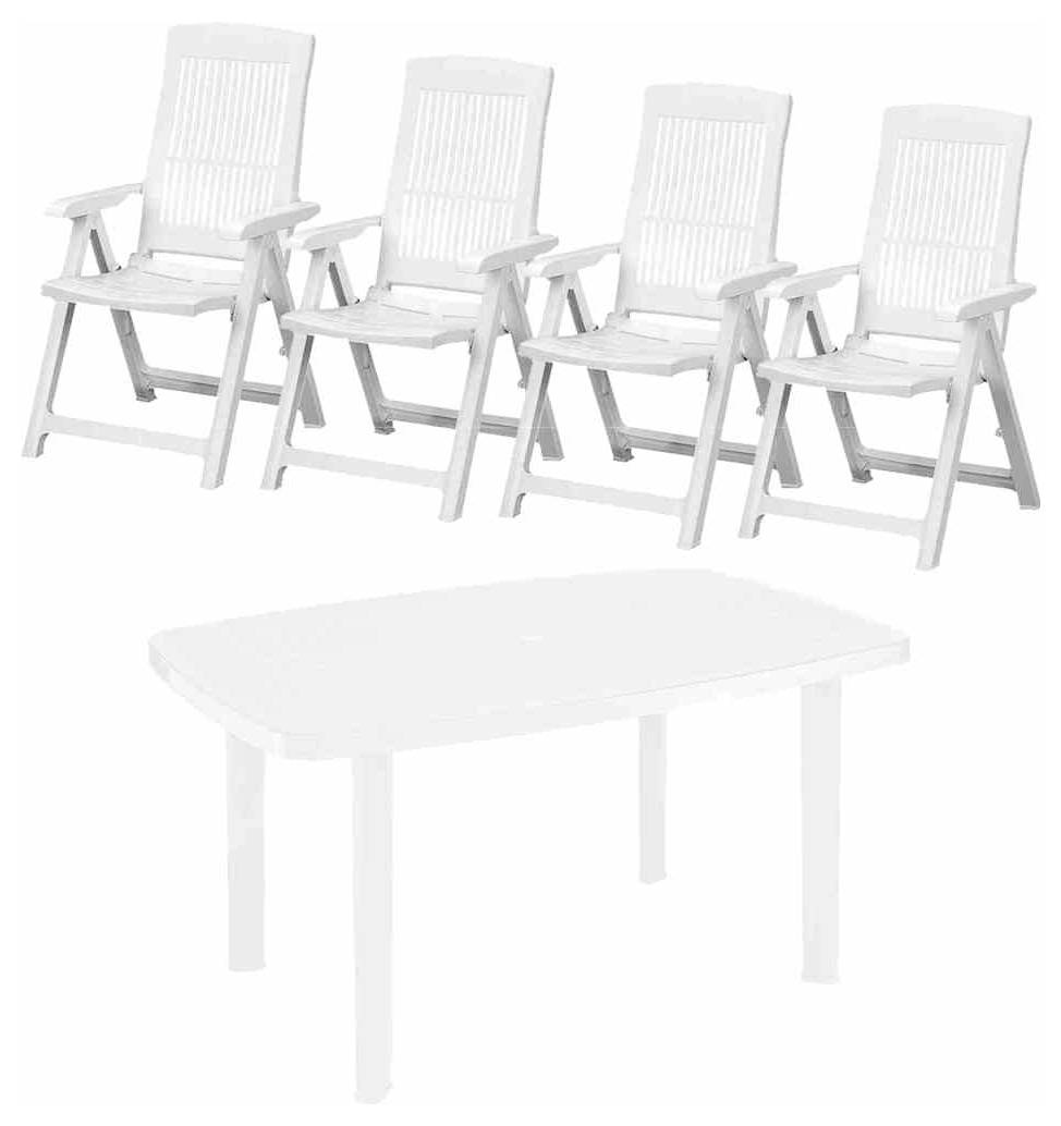 Weiße Gartenmöbelgarnitur mit vier Klapstühlen und einem rechteckigen Tisch auf neutralem Hintergrund.
