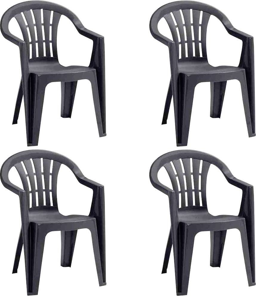 Vier schwarze Kunststoff-Gartenstühle in einem 2x2-Raster auf weißem Hintergrund angeordnet.
