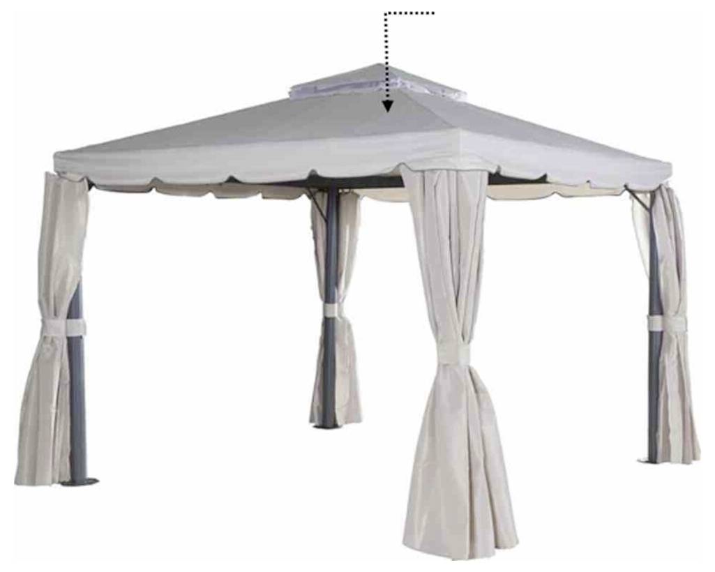 Weißes Outdoor-Pavillon-Zeltdach mit vier vorhangebehängten Beinen und einem Spitzdach auf einfarbigem Hintergrund.