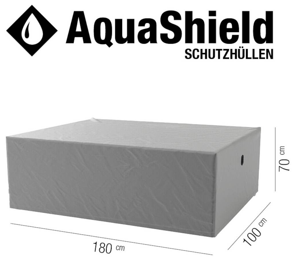 AquaShield Schutzhüllen Logo über einer grauen rechteckigen Schutzhülle, beschriftet mit 180 cm × 100 cm × 70 cm.