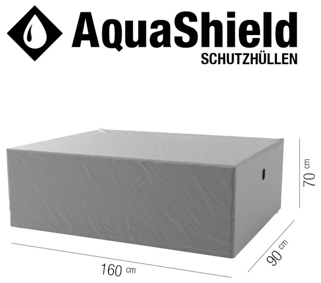 AquaShield Schutzhüllen Abdeckung für ein rechteckiges Objekt, dargestellt als 160 cm x 90 cm x 70 cm, mit wasserdichtem Tropfen-Logo.