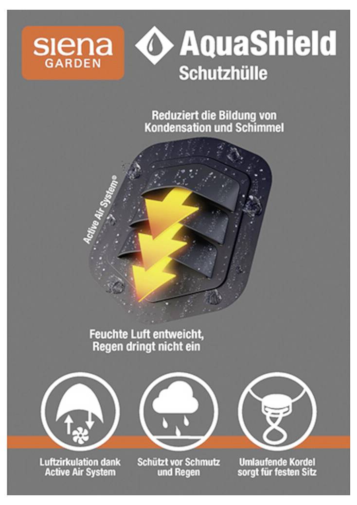 Produktverpackung für Siena Garden AquaShield Schutzülle, die eine Belüftungsabdeckung zeigt, die Kondensation und Schimmelbildung reduziert, Regen und Schmutz abhält und sich mit einer umlaufenden Schnur sichert.
