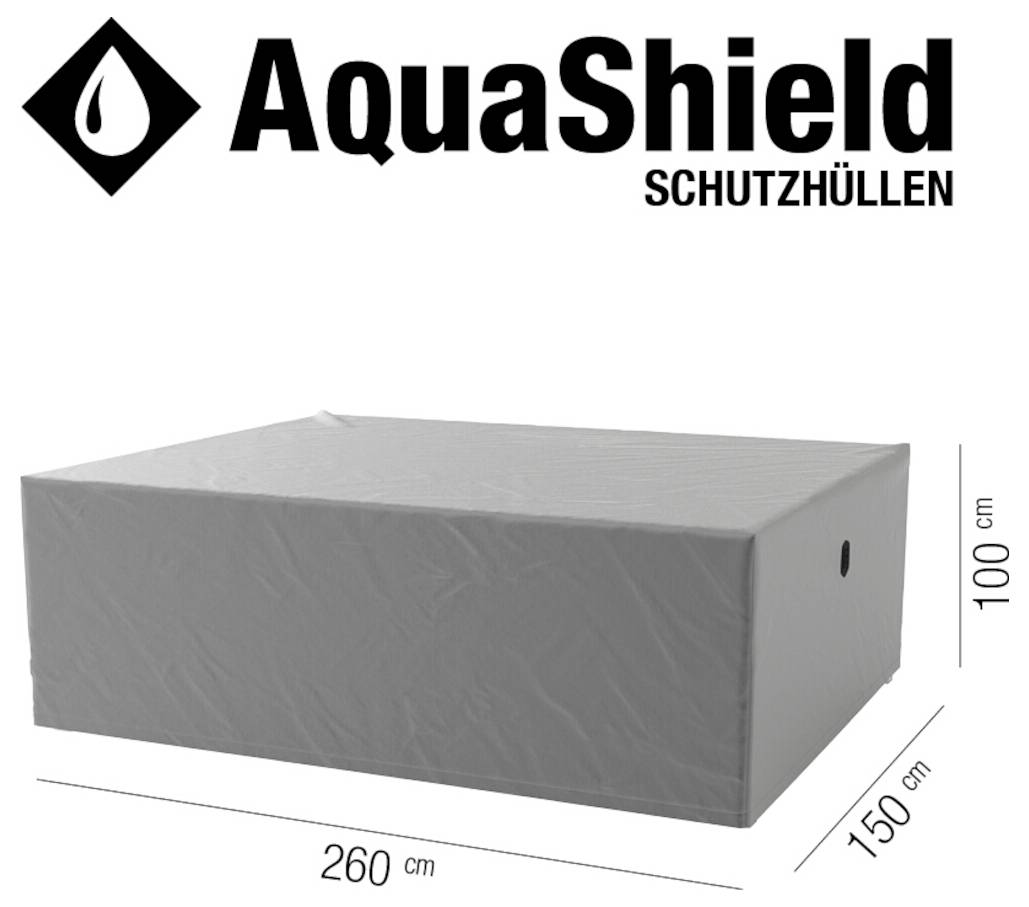 AquaShield Schutzhüllen Abdeckung für einen rechteckigen Gegenstand, dargestellt in Grau, mit den Abmessungen 260 cm x 150 cm x 100 cm.