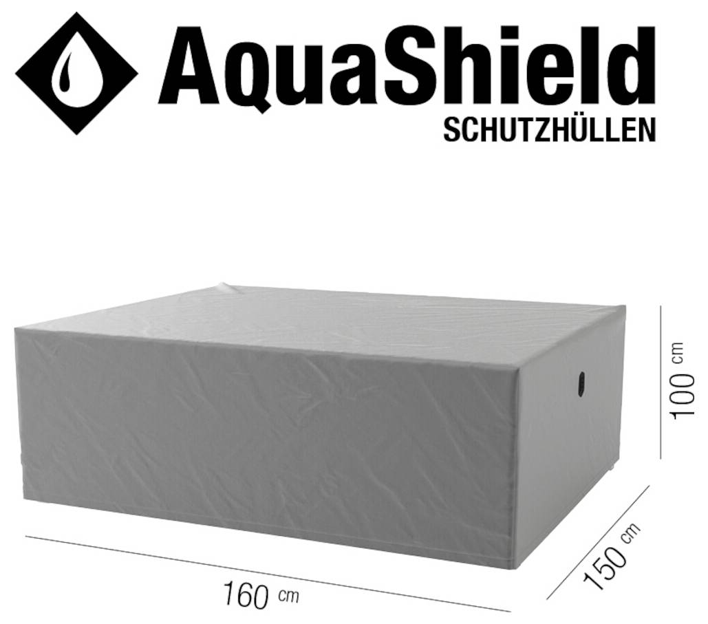 AquaShield Schutzhuellen Abdeckung auf einer rechteckigen Kiste gezeigt, mit einer Breite von 160 cm, einer Tiefe von 150 cm und einer Höhe von 100 cm gekennzeichnet.