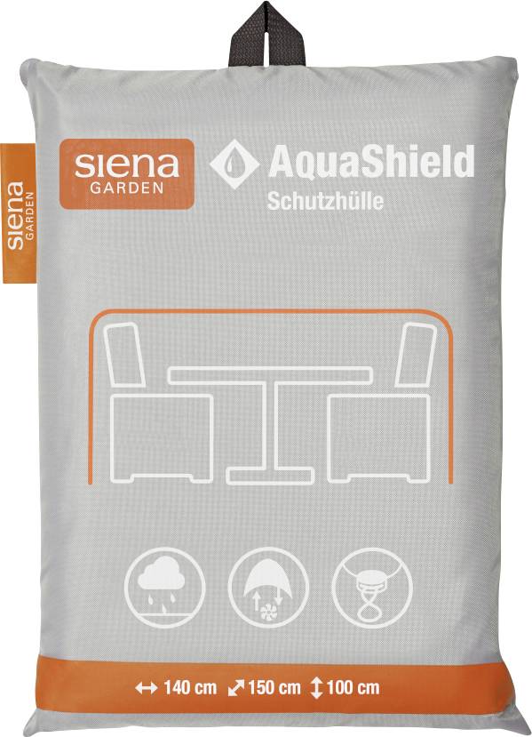 Grau Siena Garden AquaShield Schutzhüllentasche mit Stuhl- und Tischkontur und Größenmarkierungen 140 cm, 150 cm, 100 cm.